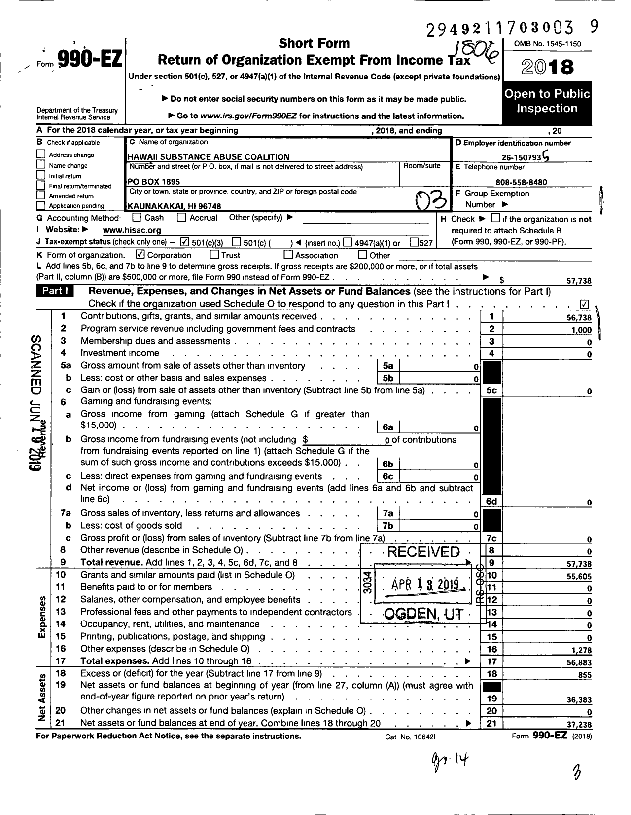 Image of first page of 2017 Form 990EZ for Hawaii Substance Abuse Coalition