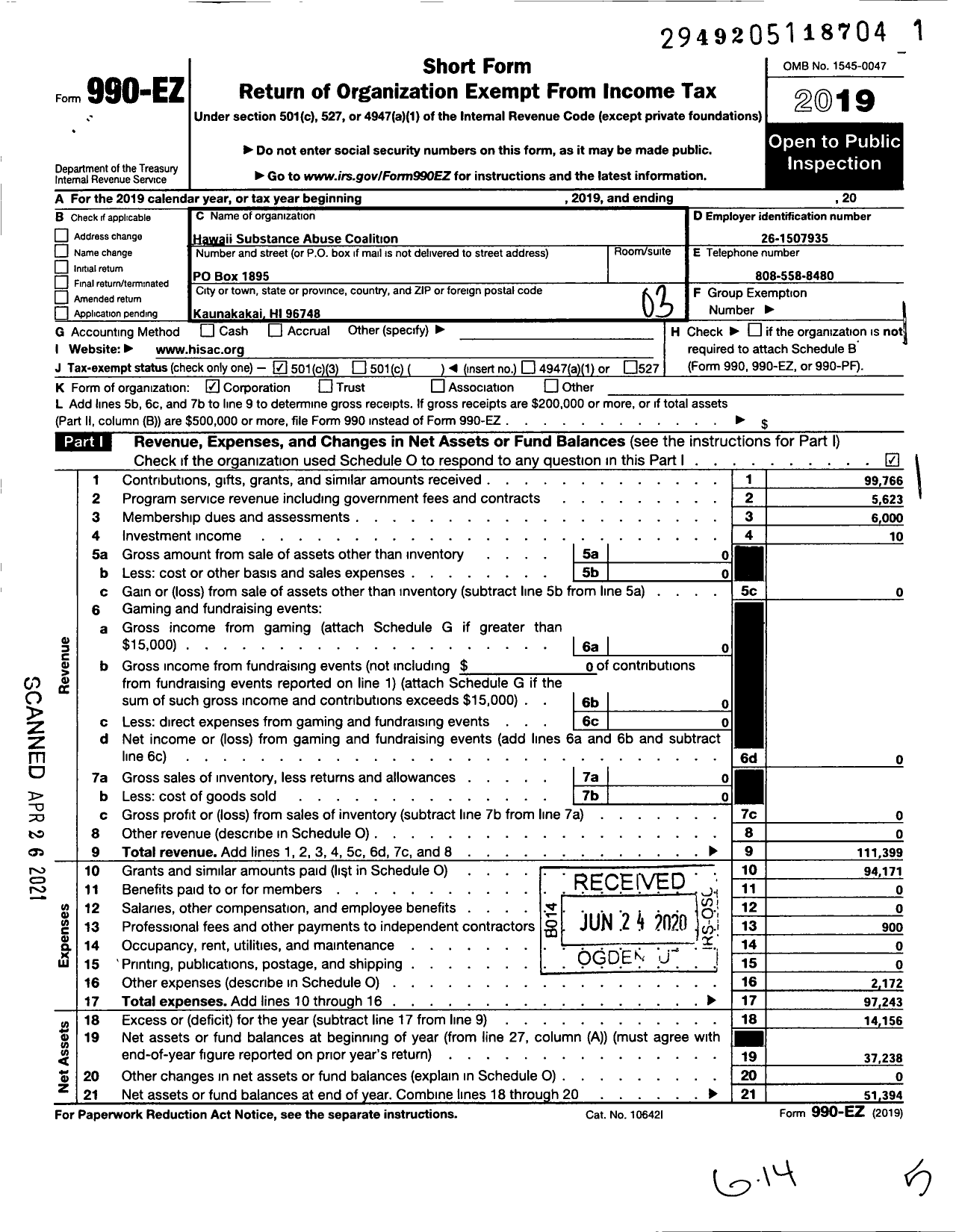 Image of first page of 2019 Form 990EZ for Hawaii Substance Abuse Coalition