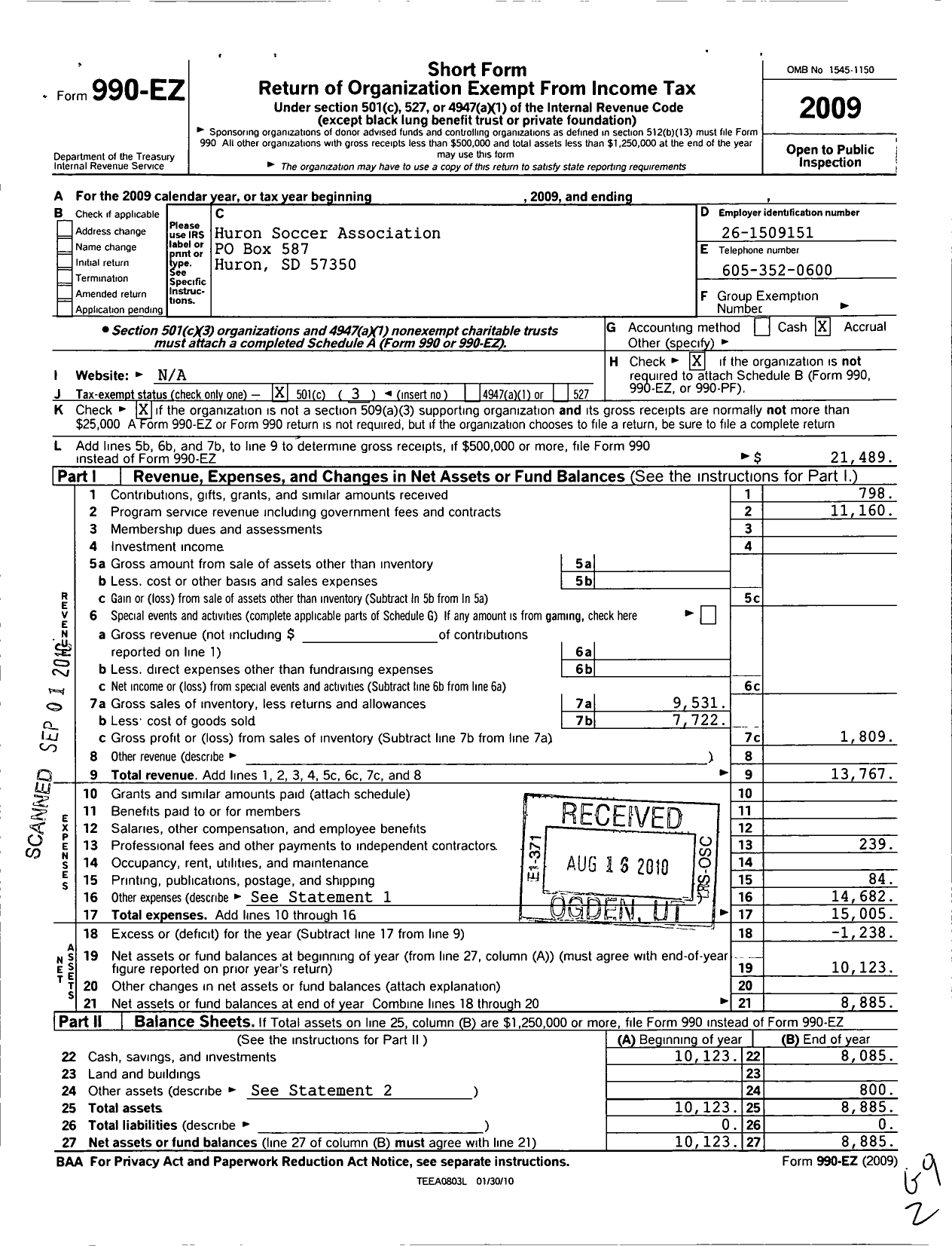 Image of first page of 2009 Form 990EZ for Huron Soccer Association