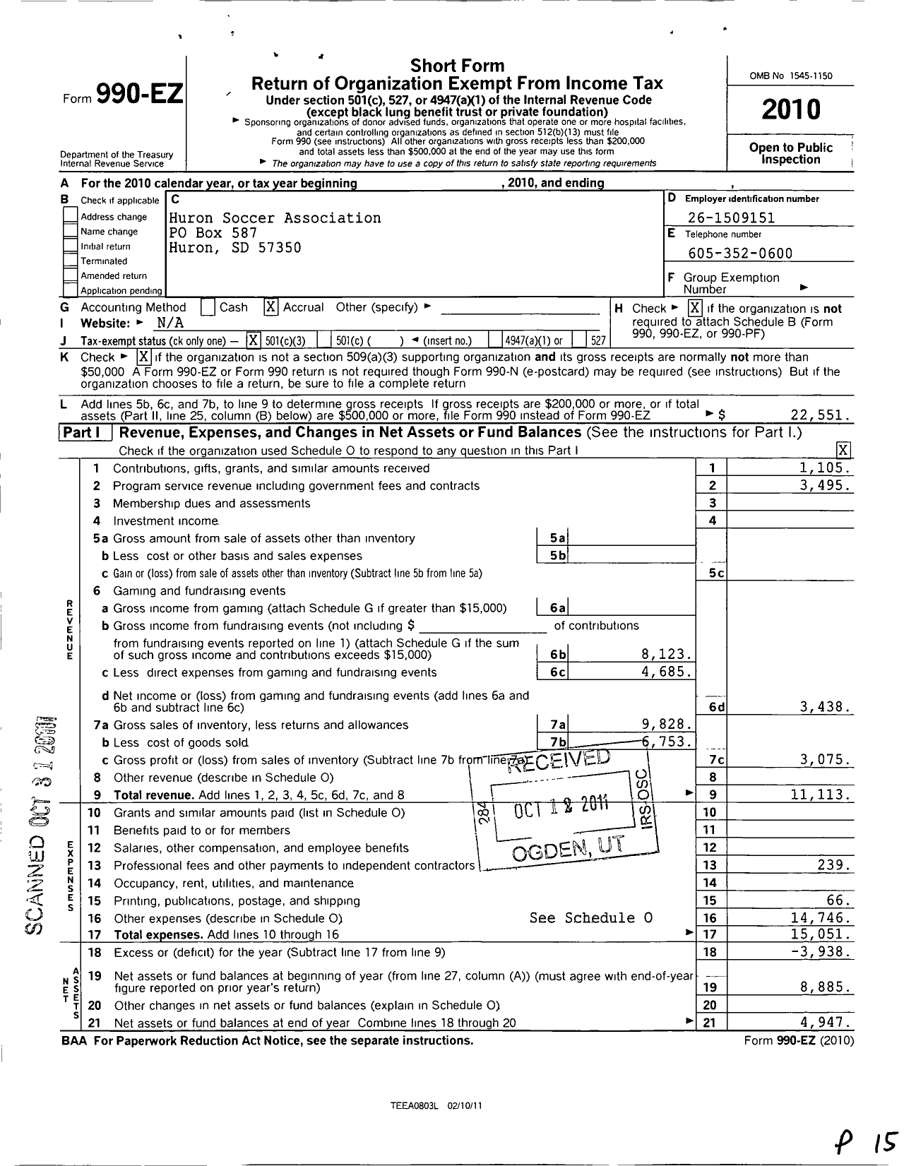 Image of first page of 2010 Form 990EZ for Huron Soccer Association