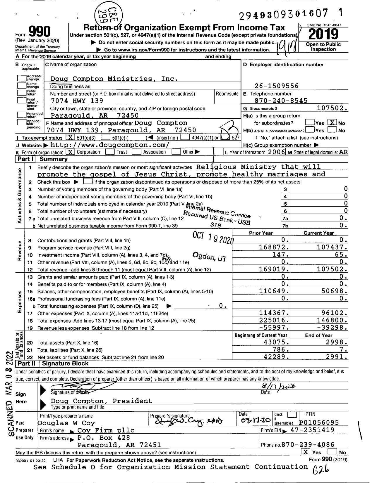Image of first page of 2019 Form 990 for Doug Compton Ministries