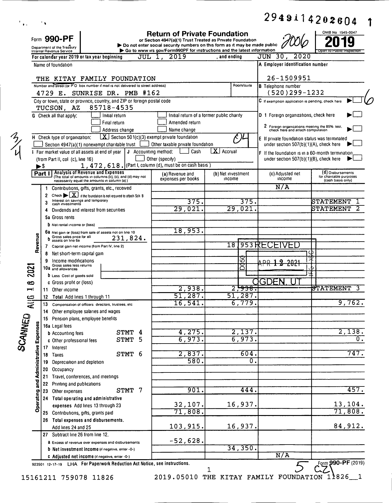 Image of first page of 2019 Form 990PF for The Kitay Family Foundation