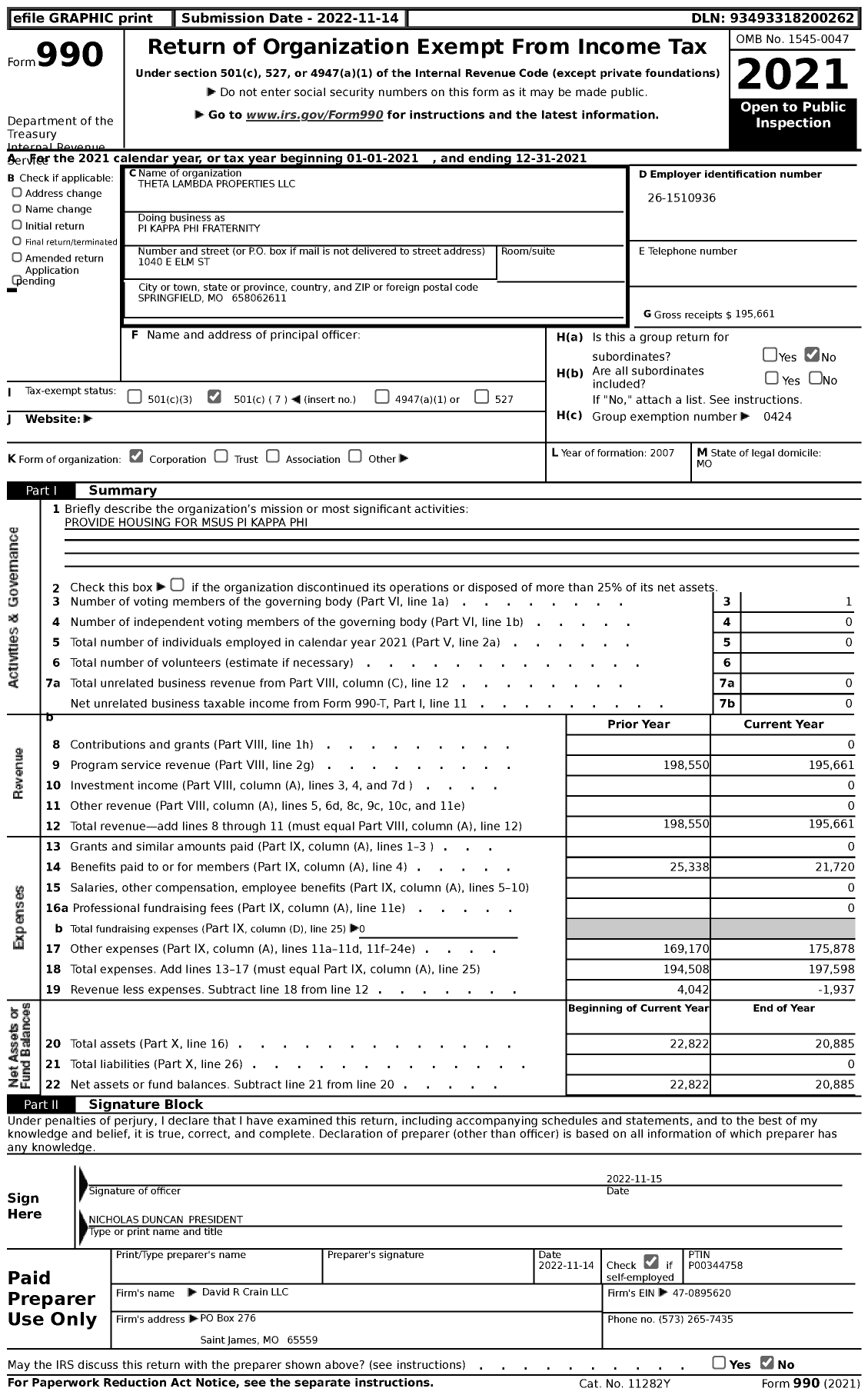 Image of first page of 2021 Form 990 for Pi Kappa Phi Fraternity / Theta Lambda Properties LLC