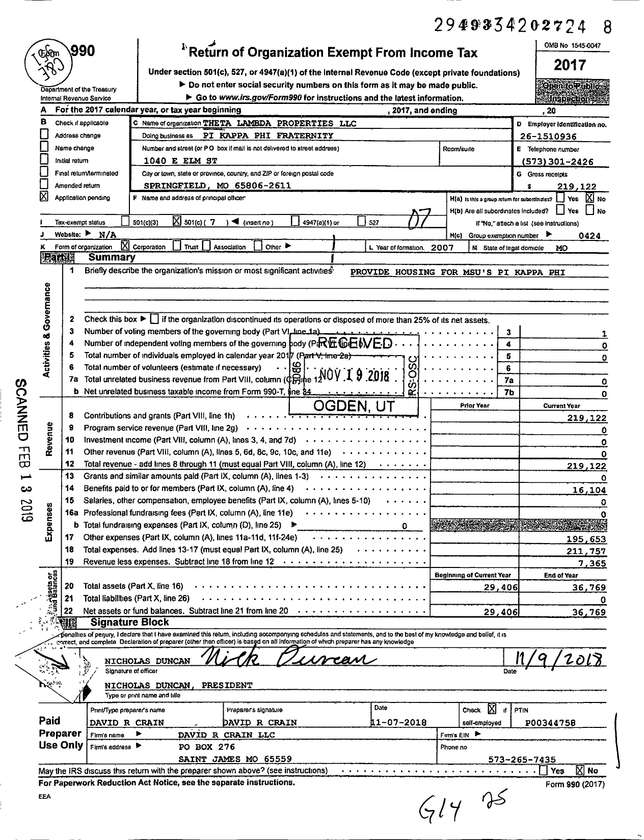 Image of first page of 2017 Form 990O for Pi Kappa Phi Fraternity / Theta Lambda Properties LLC