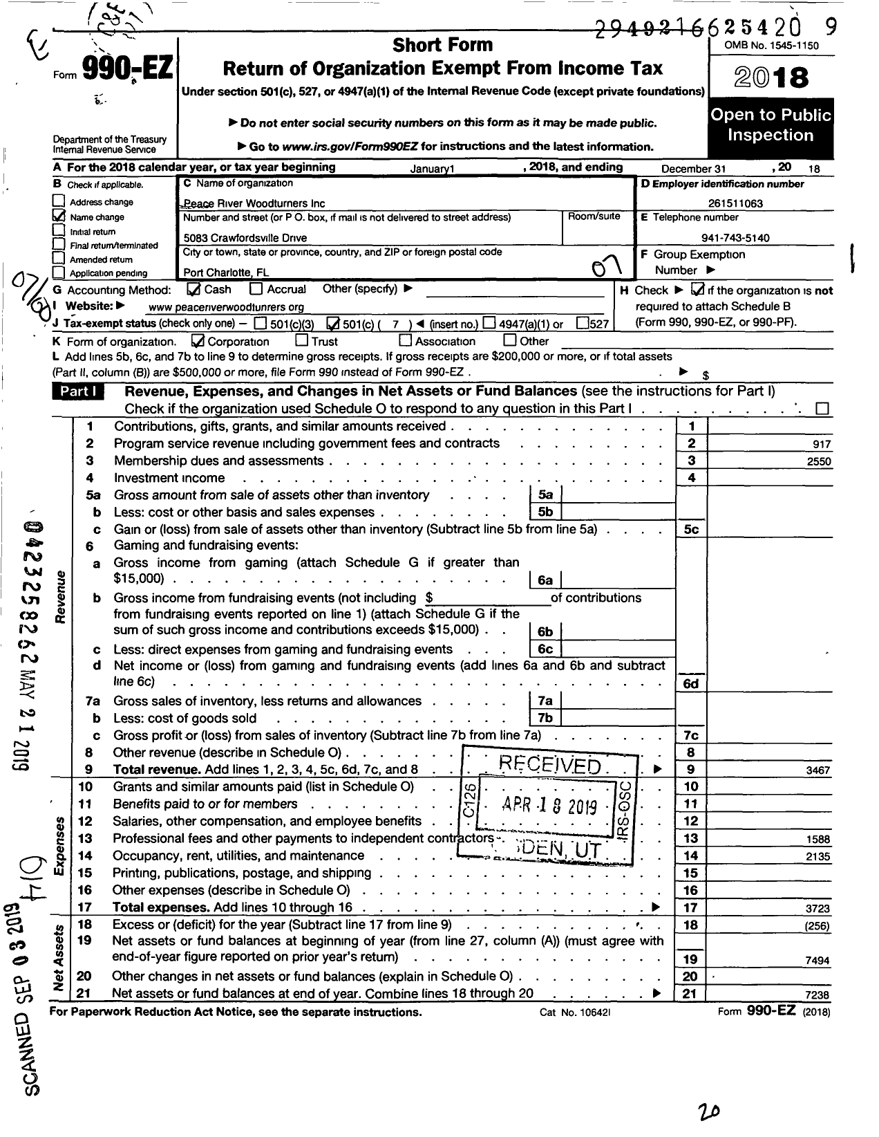 Image of first page of 2018 Form 990EO for Peace River Woodturners