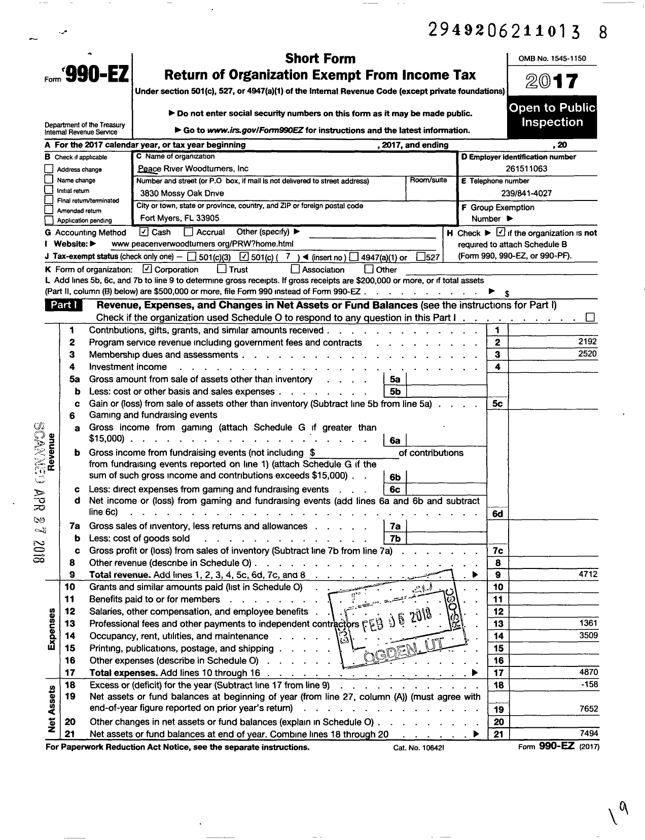 Image of first page of 2017 Form 990EO for Peace River Woodturners