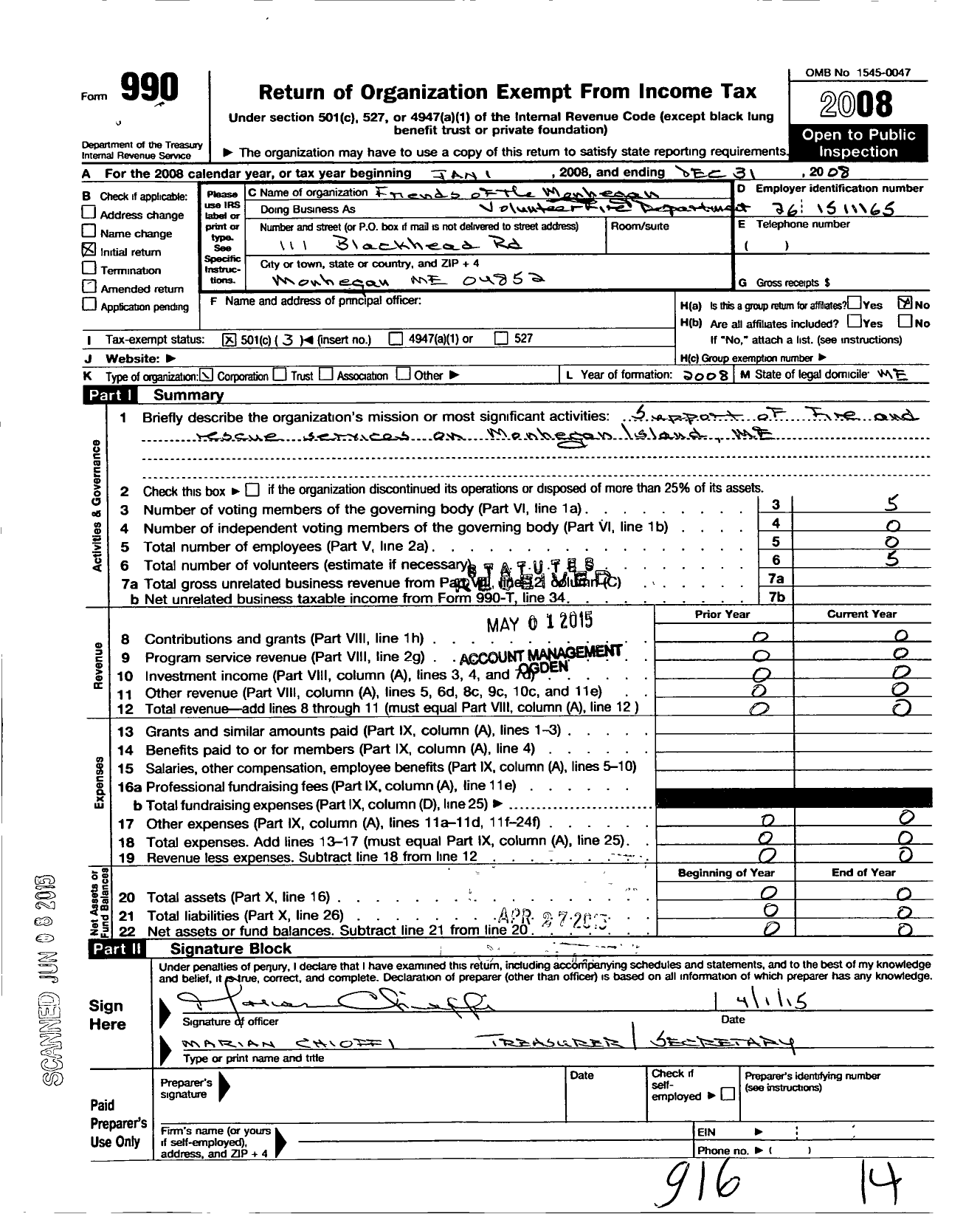 Image of first page of 2008 Form 990 for Friends of the Monhegan Volunteer Fire Department