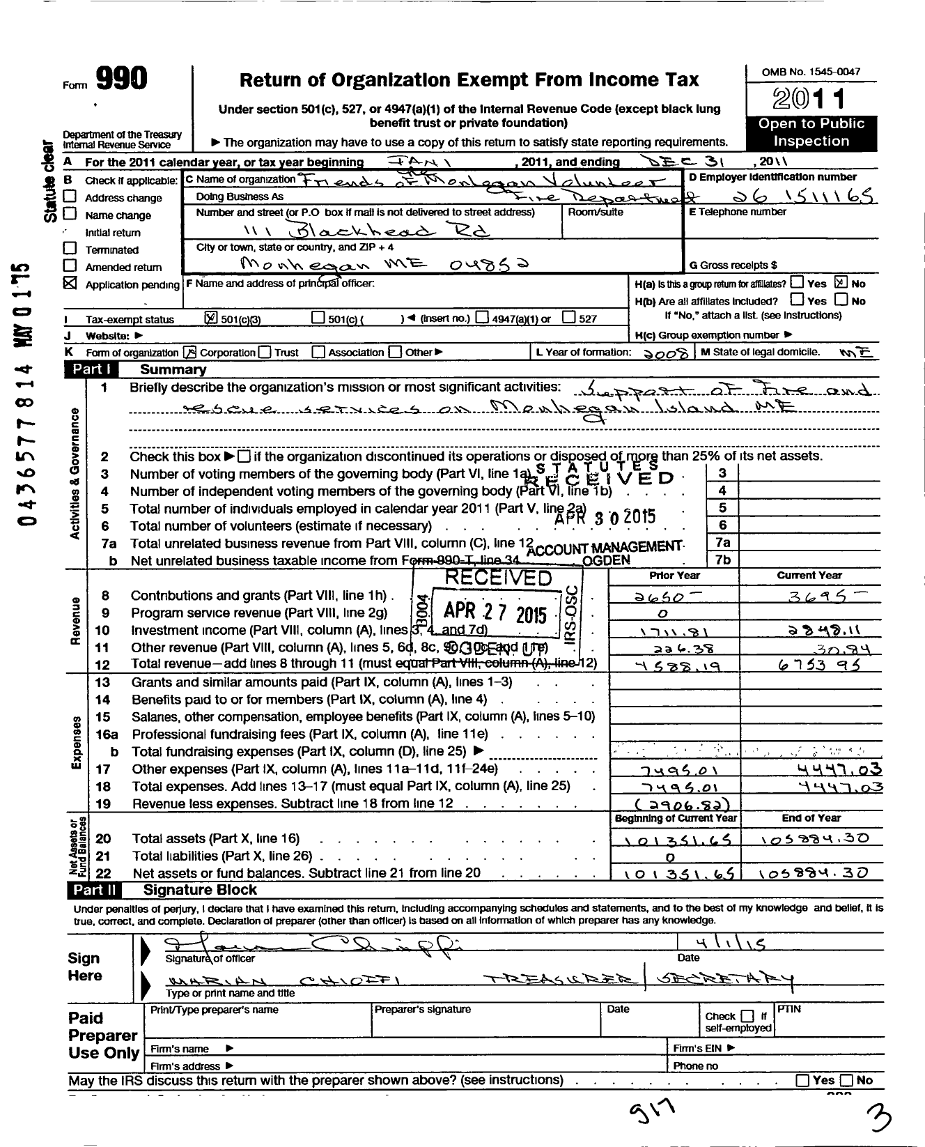 Image of first page of 2011 Form 990 for Friends of the Monhegan Volunteer Fire Department