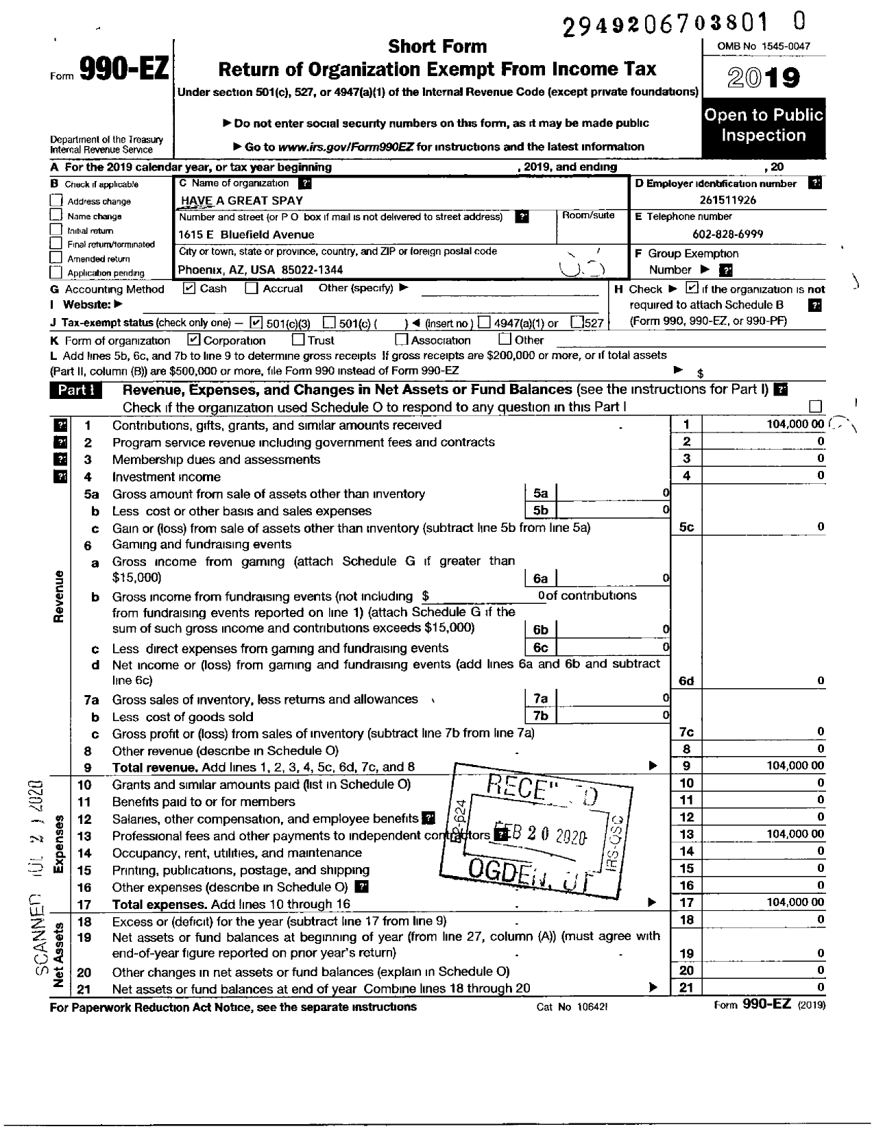 Image of first page of 2019 Form 990EZ for Have A Great Spay