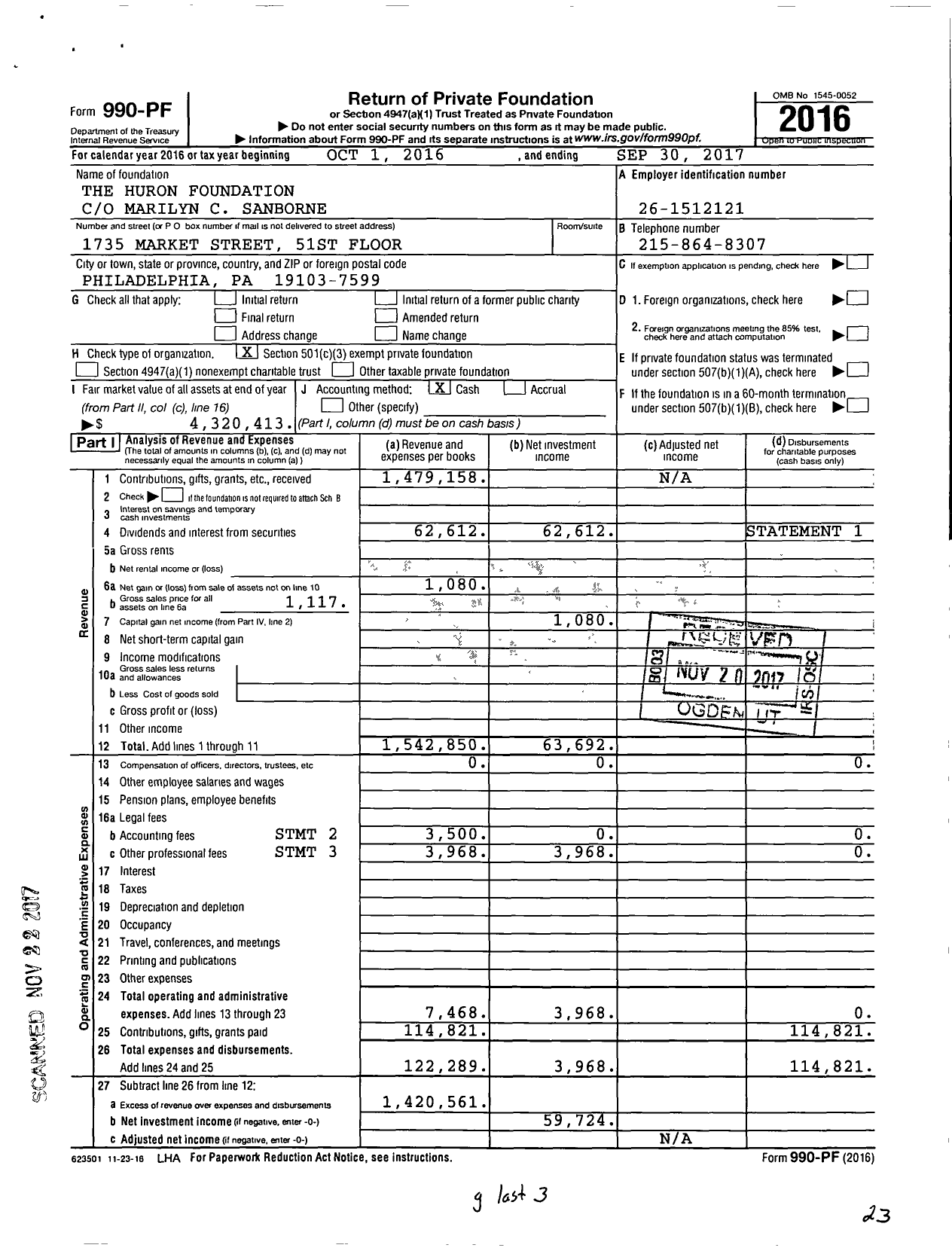 Image of first page of 2016 Form 990PF for The Huron Foundation