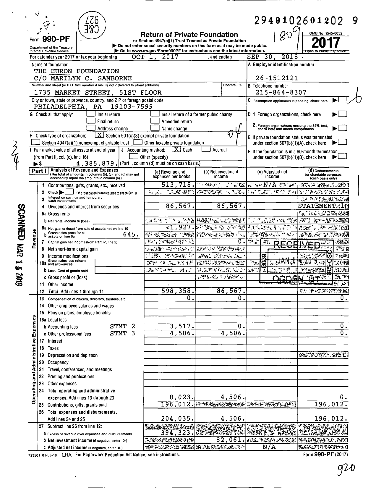 Image of first page of 2017 Form 990PF for The Huron Foundation