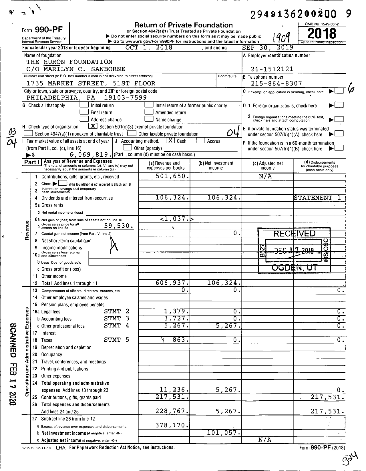 Image of first page of 2018 Form 990PF for The Huron Foundation