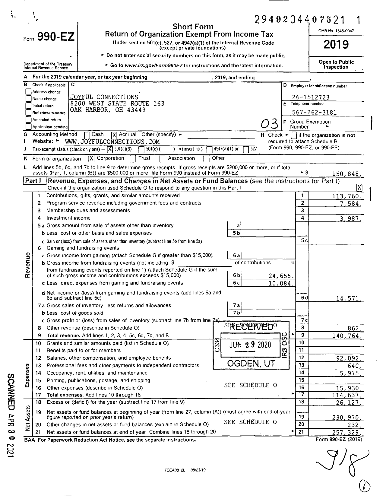 Image of first page of 2019 Form 990EZ for Joyful Connections