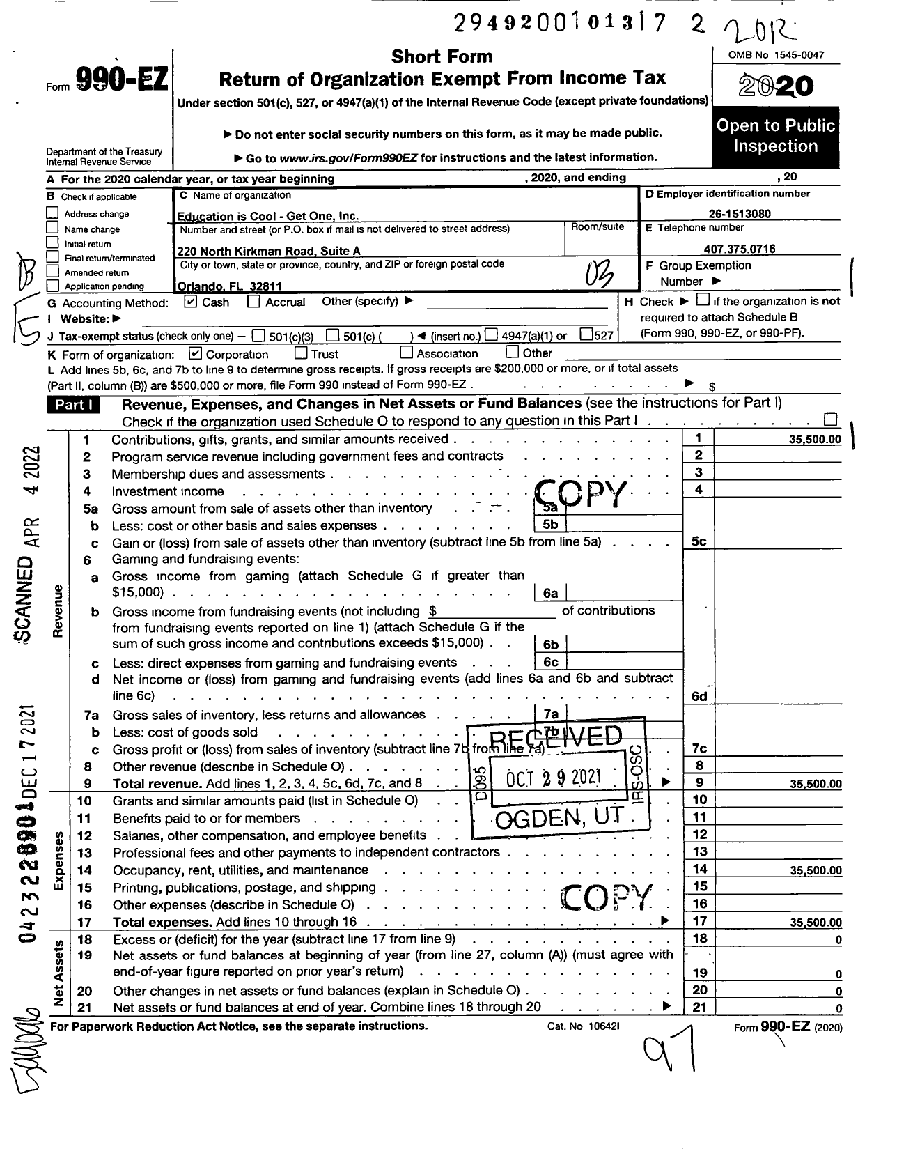 Image of first page of 2020 Form 990EZ for Education Is Cool - Get One