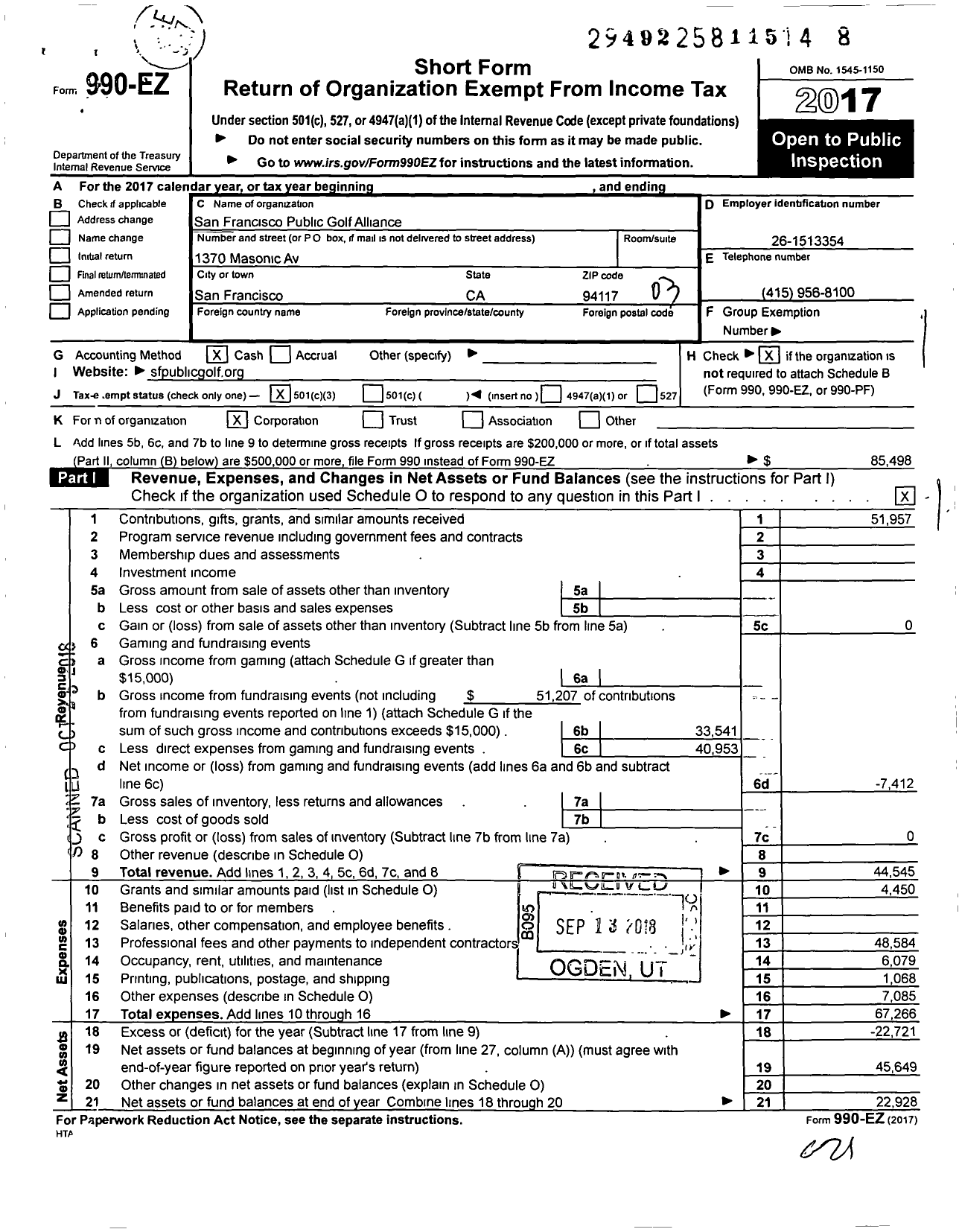 Image of first page of 2017 Form 990EZ for San Francisco Public Golf Alliance