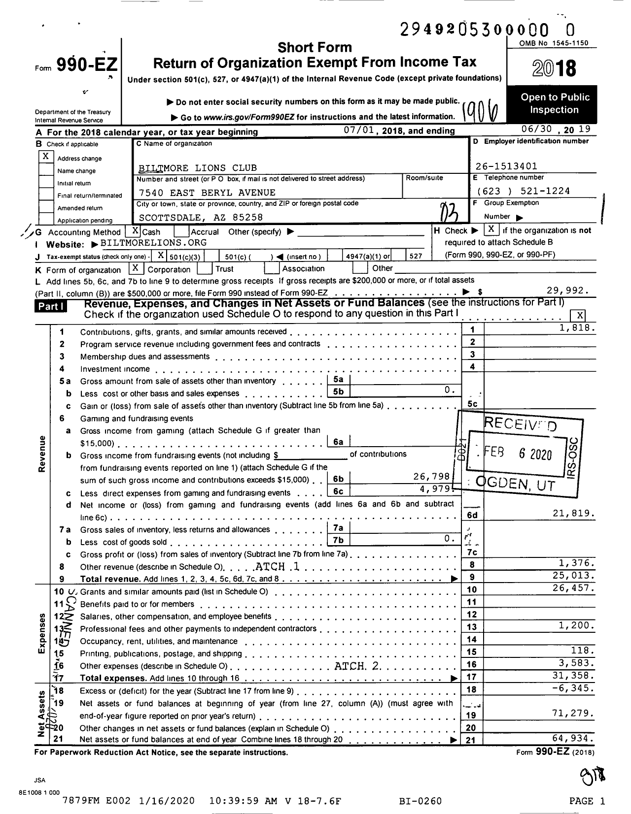 Image of first page of 2018 Form 990EZ for Biltmore Lions Club