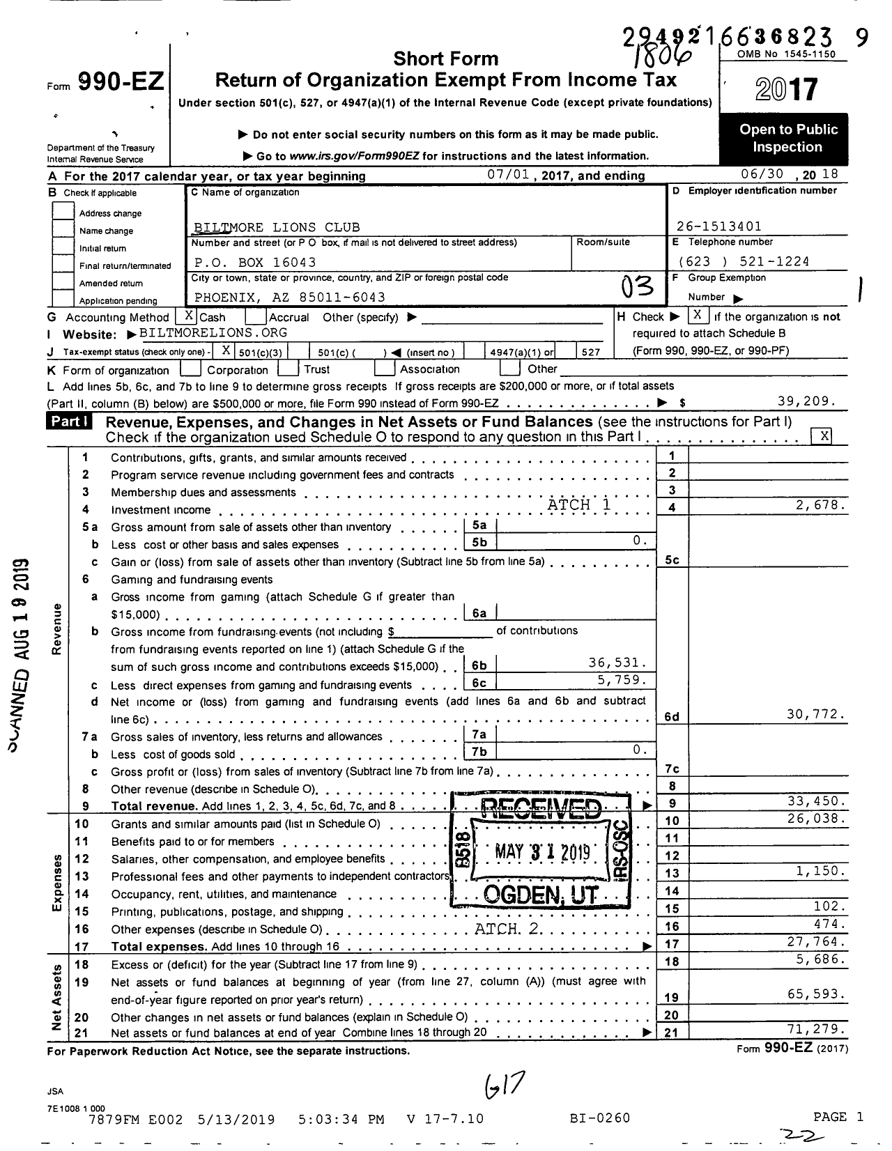 Image of first page of 2017 Form 990EZ for Biltmore Lions Club