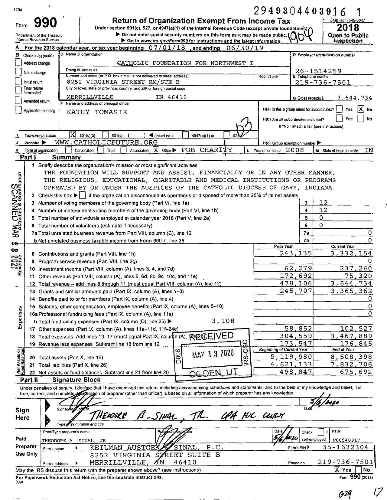 Image of first page of 2018 Form 990 for Catholic Foundation for Northwest Indiana