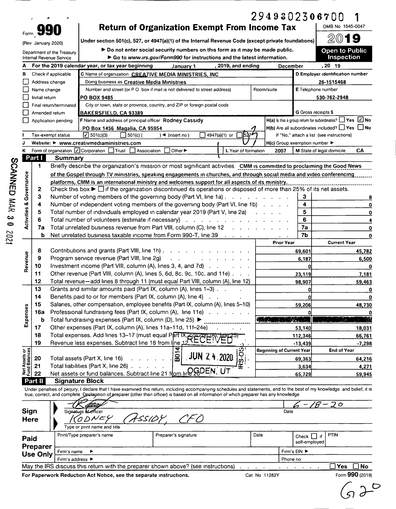 Image of first page of 2019 Form 990 for Creative Media Ministries