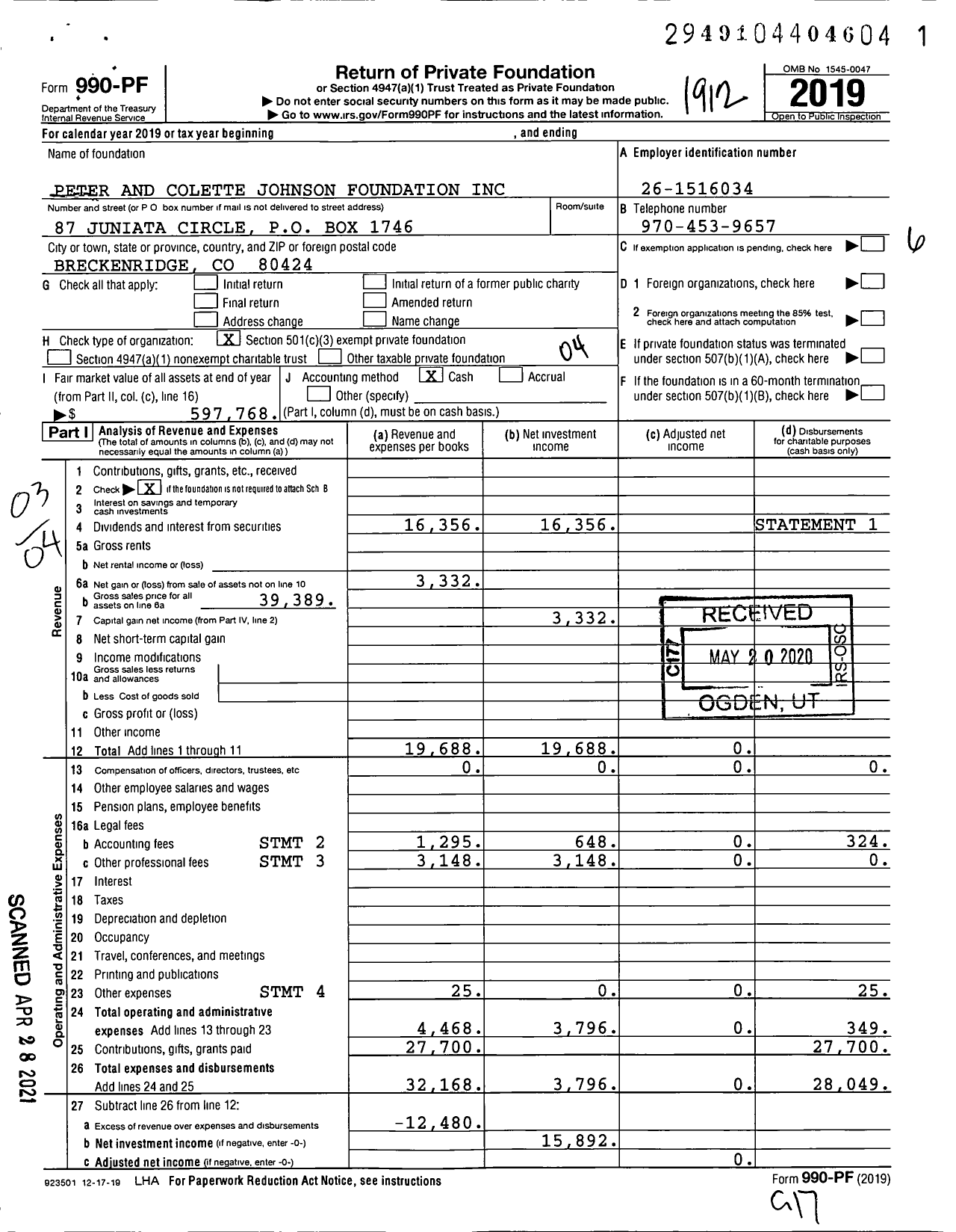 Image of first page of 2019 Form 990PF for Peter and Colette Johnson Foundation