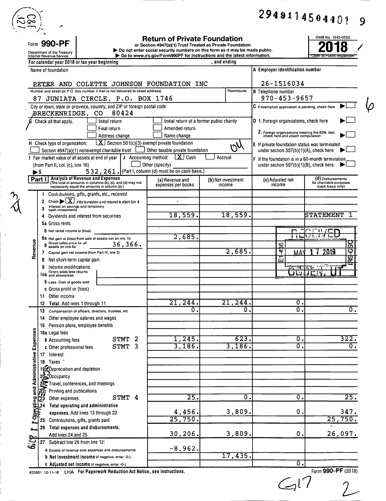 Image of first page of 2018 Form 990PF for Peter and Colette Johnson Foundation