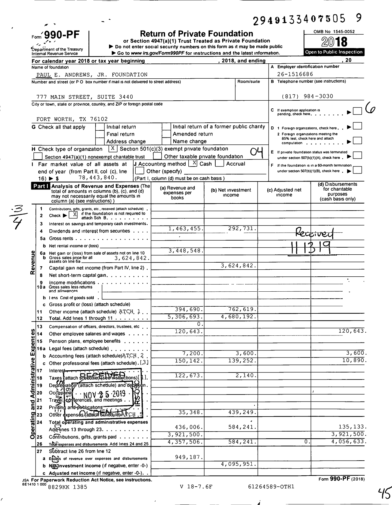 Image of first page of 2018 Form 990PF for Paul E. Andrews Jr. Foundation