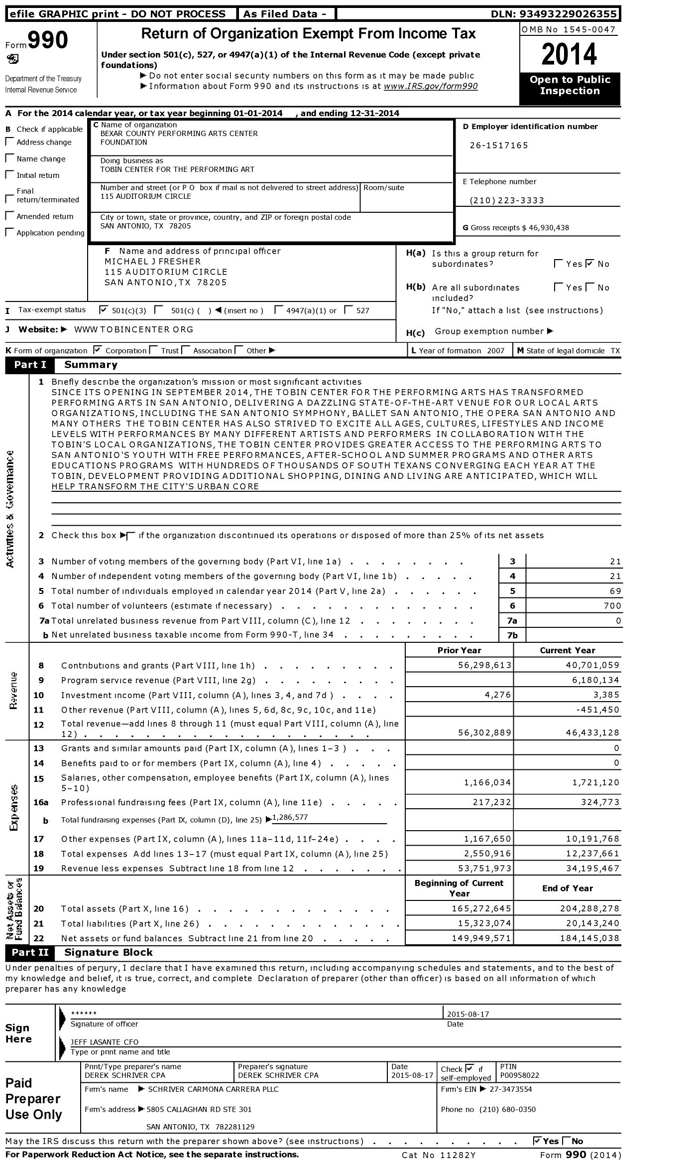 Image of first page of 2014 Form 990 for Bexar County Performing Arts Center Foundation Tobin Center for the Performing Art