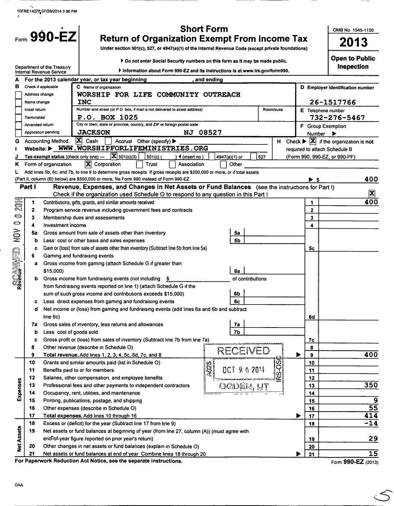 Image of first page of 2013 Form 990EZ for Worship for Life Community Outreach