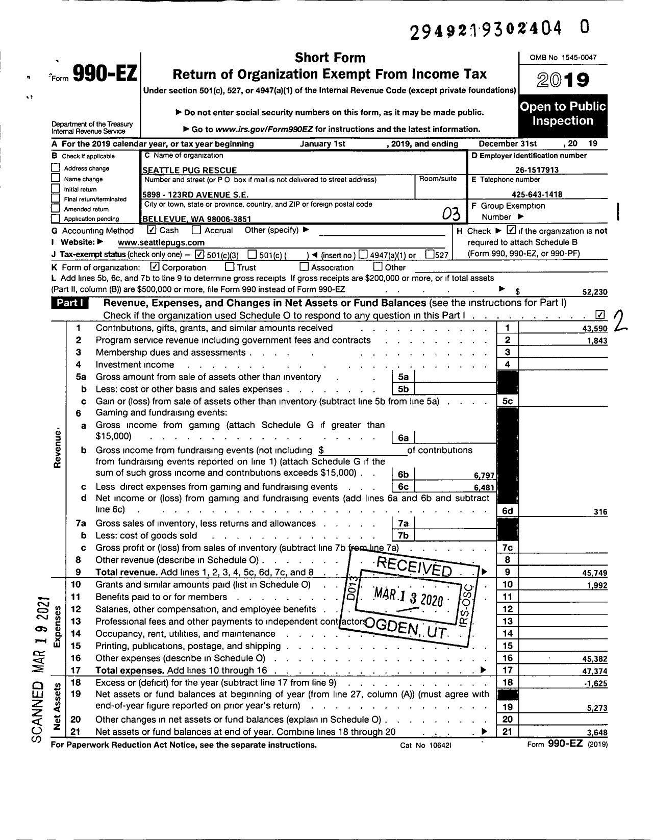 Image of first page of 2019 Form 990EZ for Seattle Pug Rescue