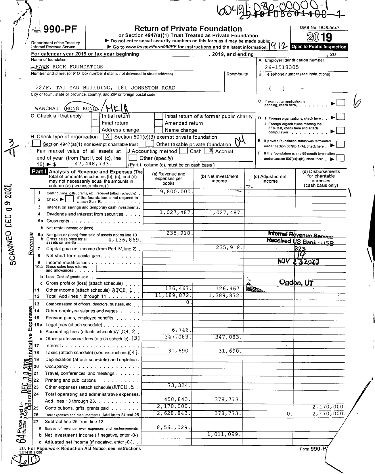 Image of first page of 2019 Form 990PF for Hawk Rock Foundation