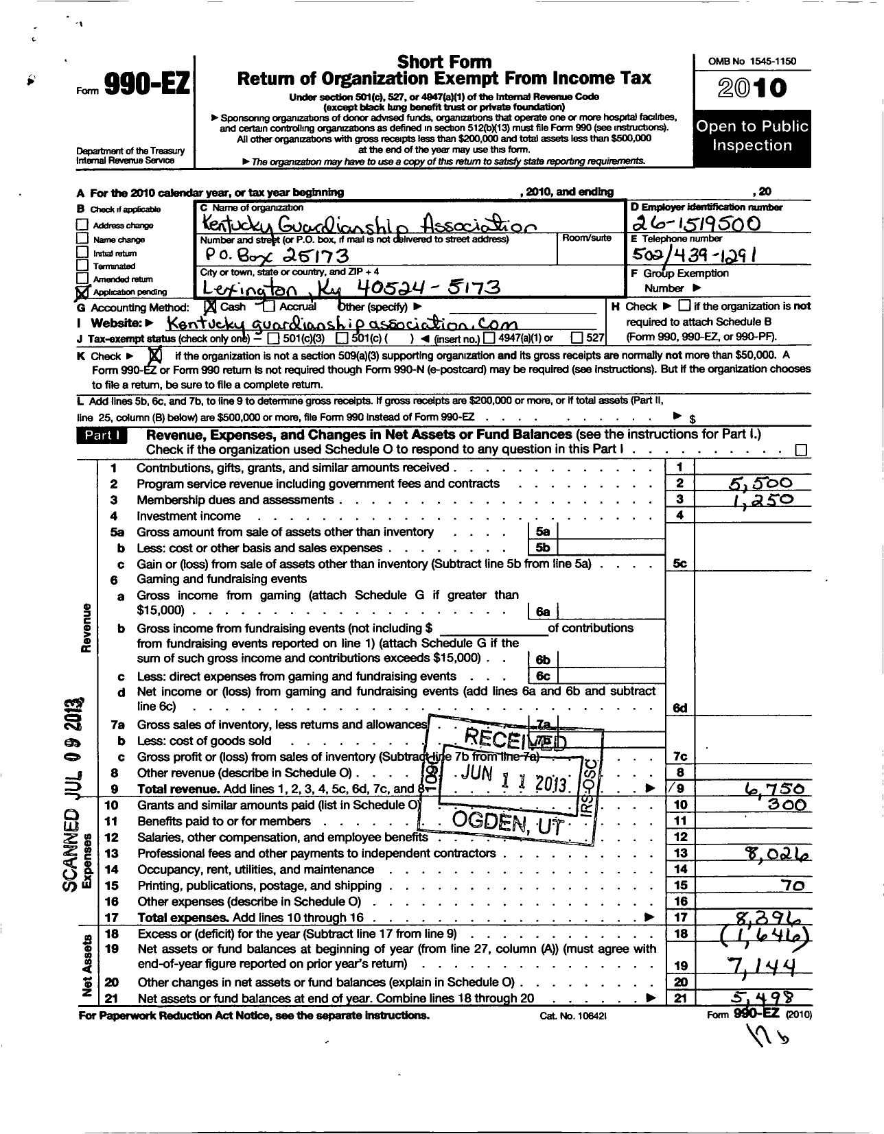 Image of first page of 2010 Form 990EO for Kentucky Guardianship Association