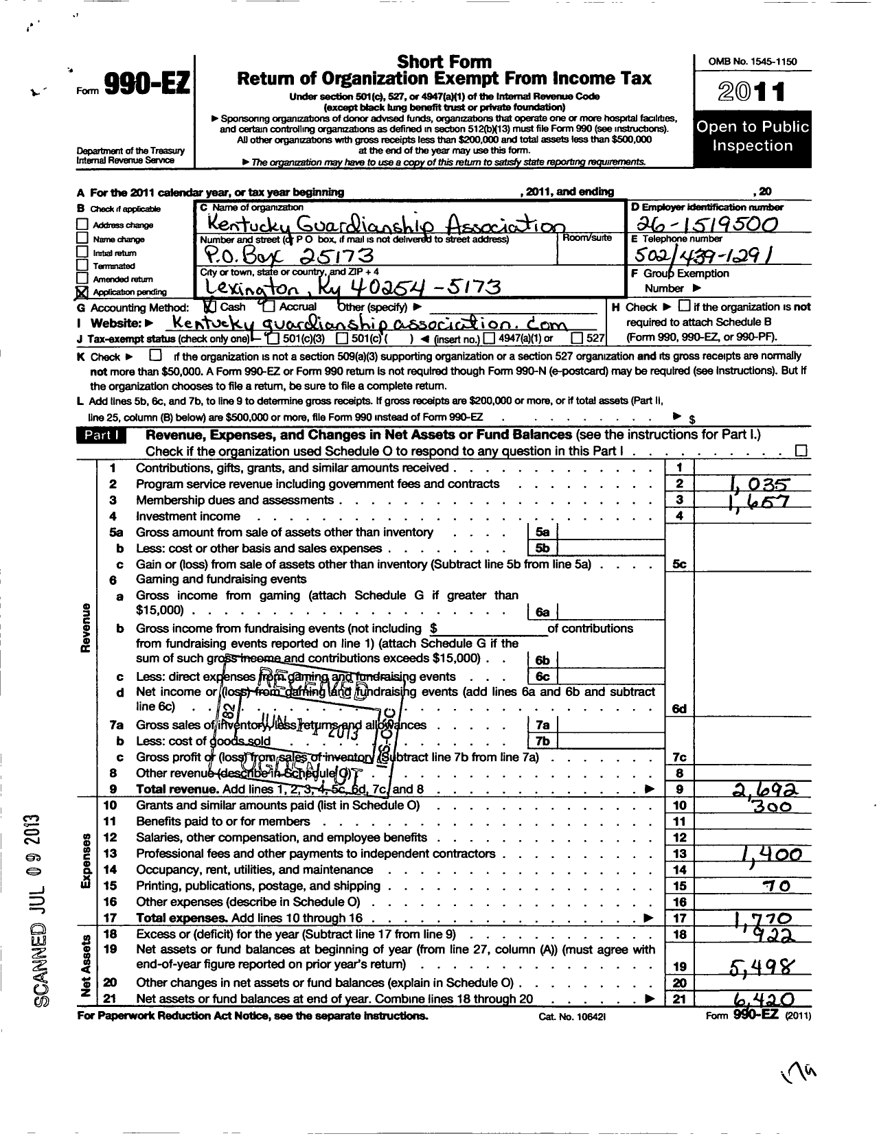 Image of first page of 2011 Form 990EO for Kentucky Guardianship Association