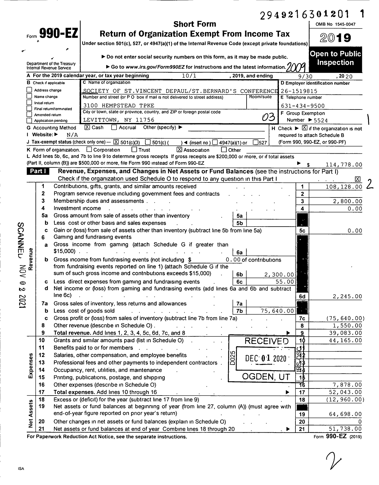 Image of first page of 2019 Form 990EZ for Society of St Vincent Depaul Paul