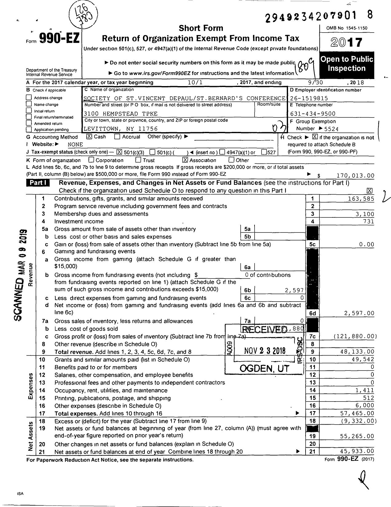 Image of first page of 2017 Form 990EZ for Society of St Vincent Depaul Paul