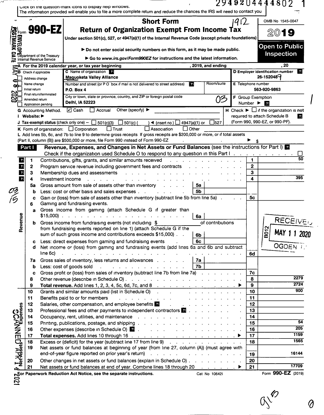 Image of first page of 2019 Form 990EZ for Maquoketa Valley Alliance