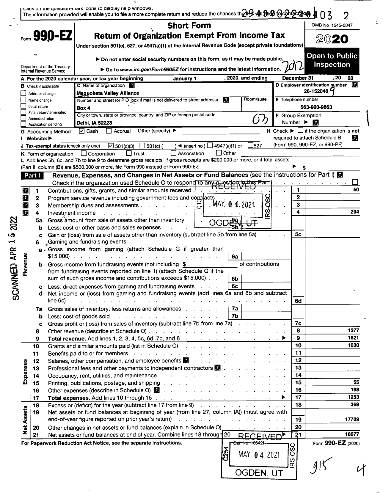 Image of first page of 2020 Form 990EZ for Maquoketa Valley Alliance