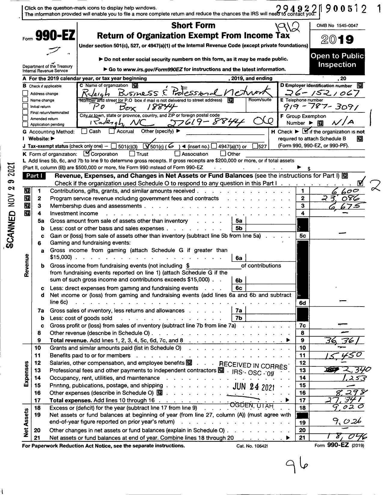 Image of first page of 2019 Form 990EO for Raleigh Business and Professional Network