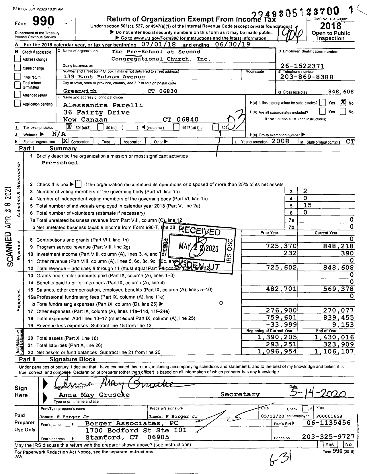 Image of first page of 2018 Form 990 for Preschool at Second Congregational Church