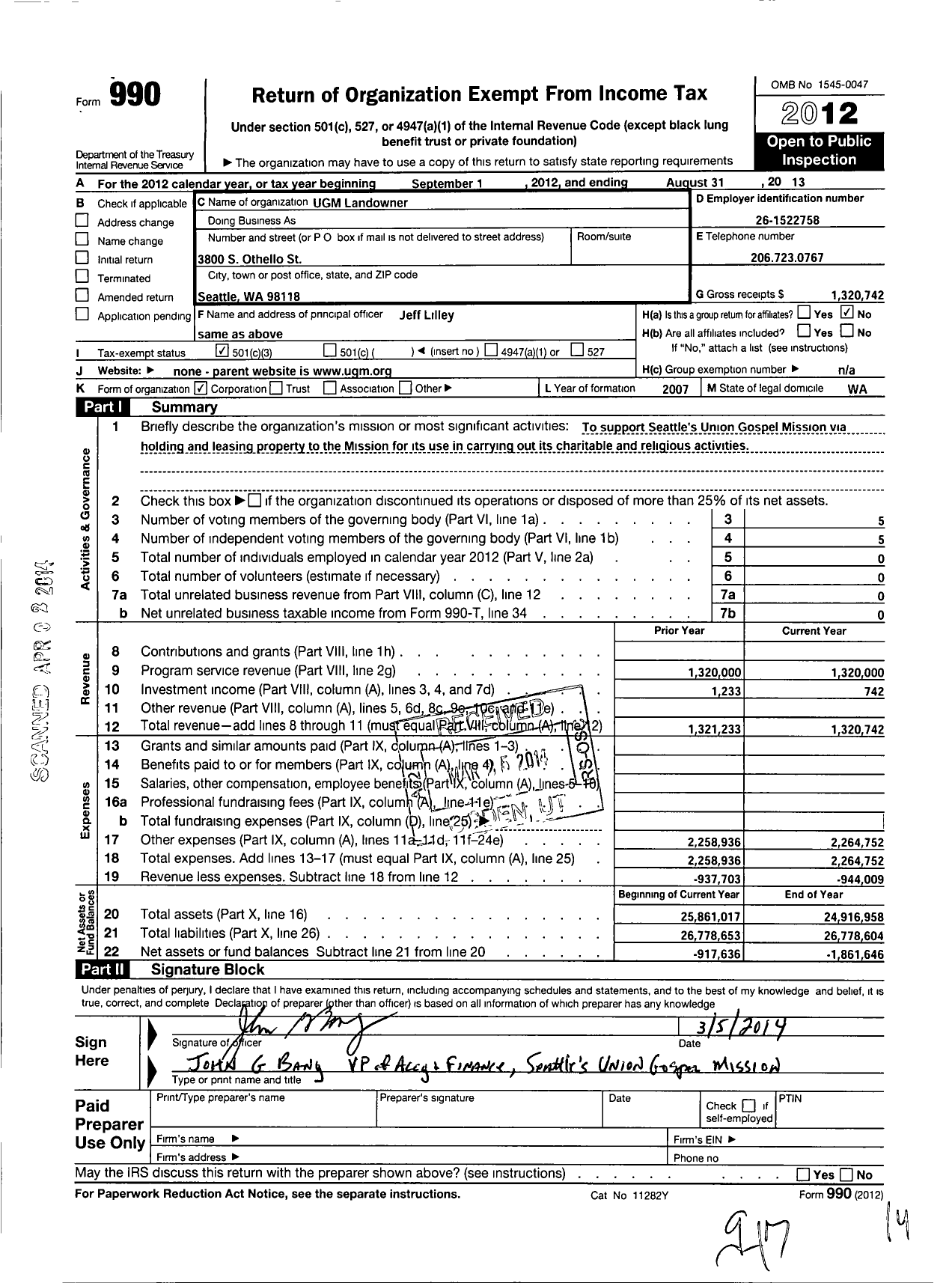 Image of first page of 2012 Form 990 for Ugm Landowner