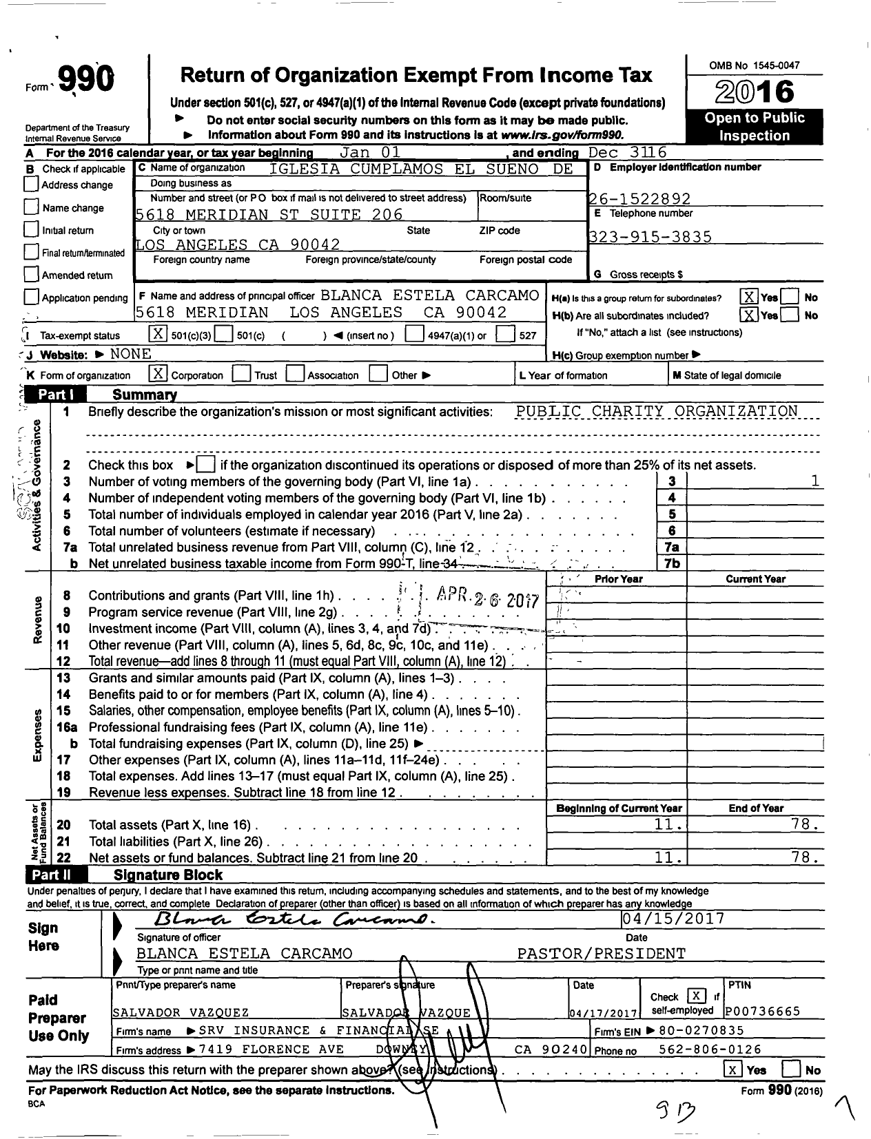 Image of first page of 2016 Form 990 for Cumplamos El Sueno de Dios