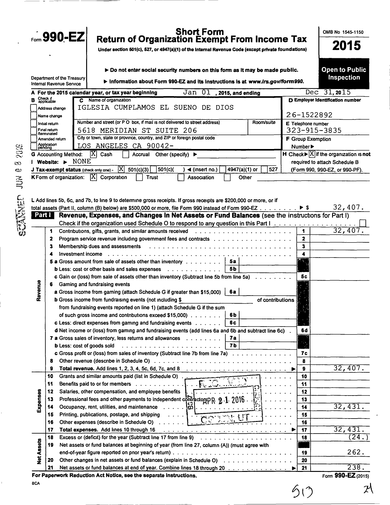 Image of first page of 2015 Form 990EZ for Cumplamos El Sueno de Dios