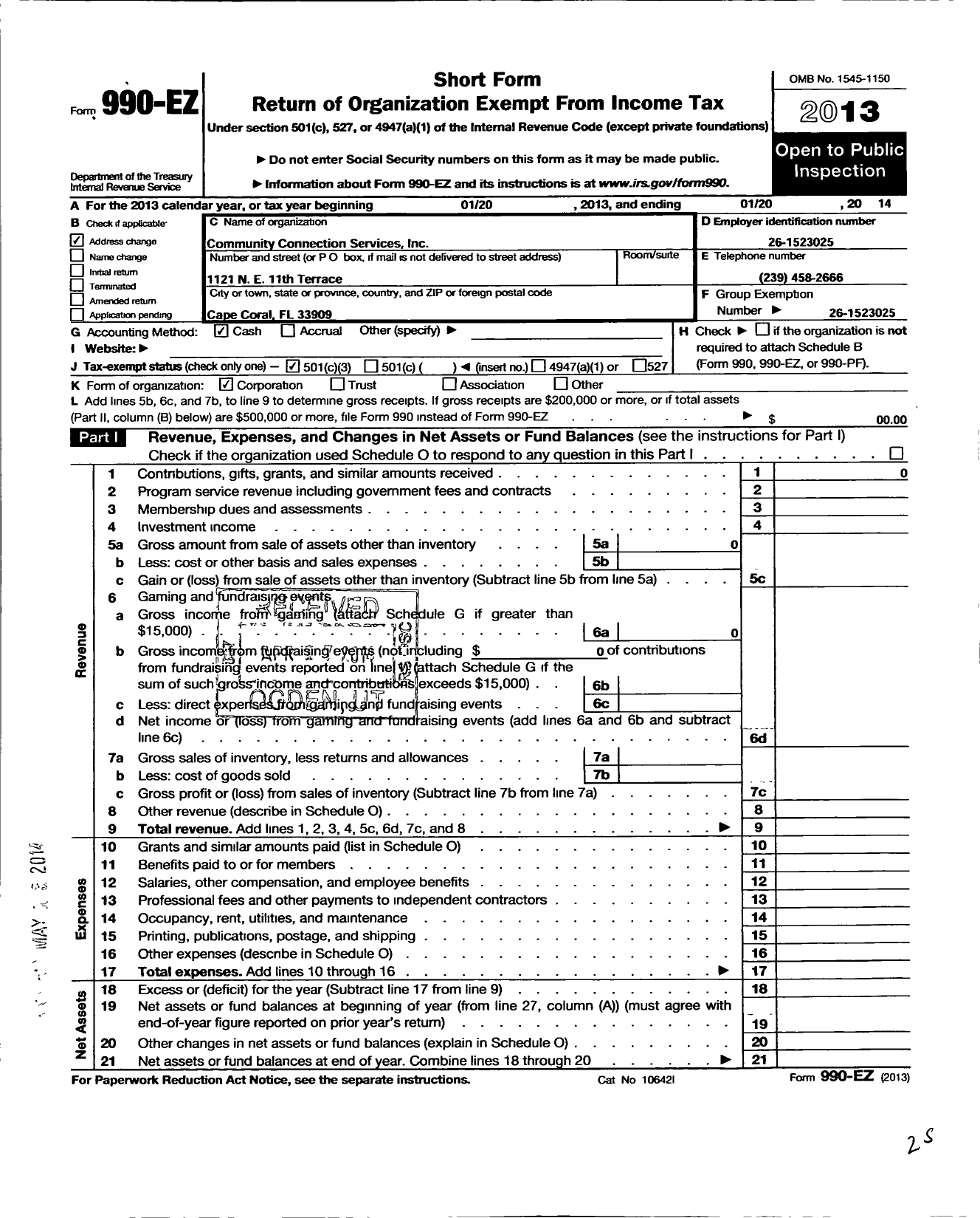 Image of first page of 2013 Form 990EZ for Community Connection Services