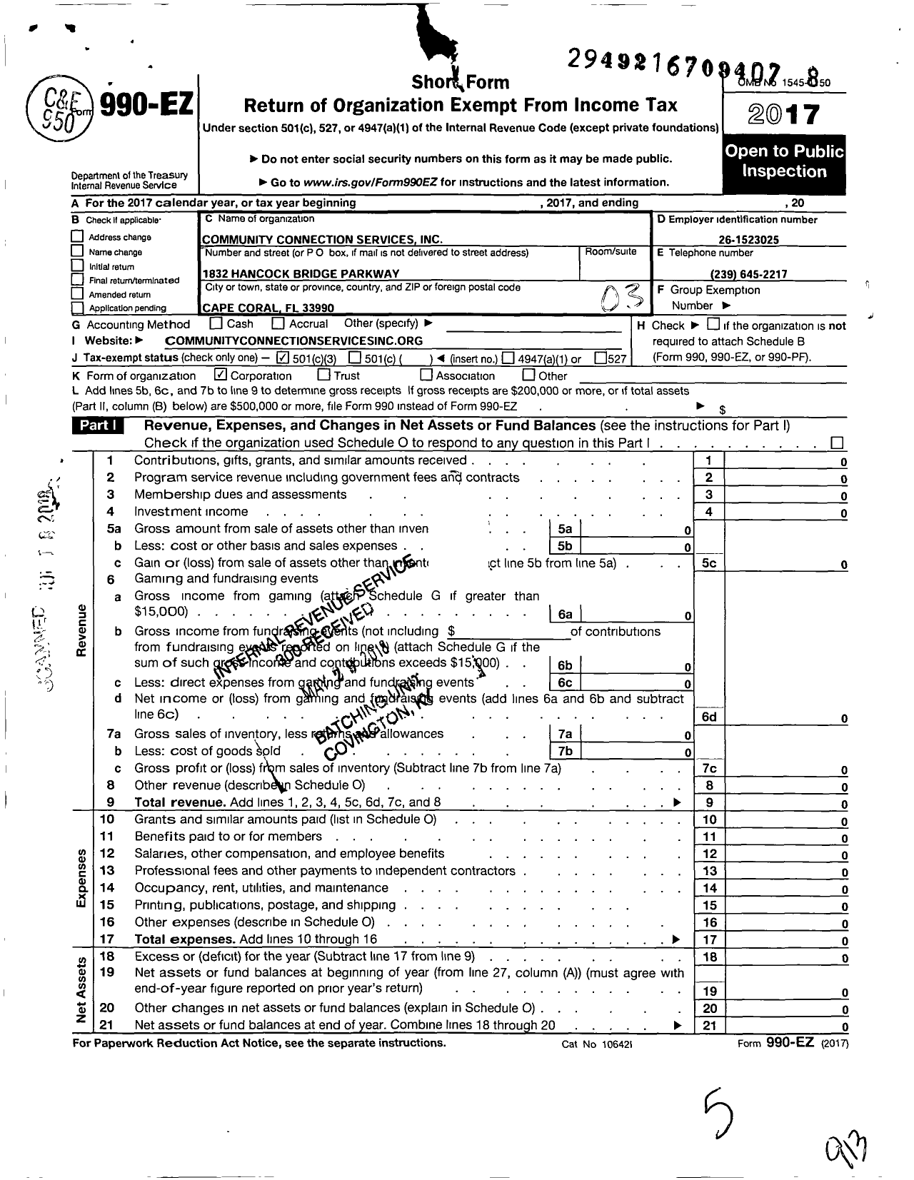 Image of first page of 2017 Form 990EZ for Community Connection Services