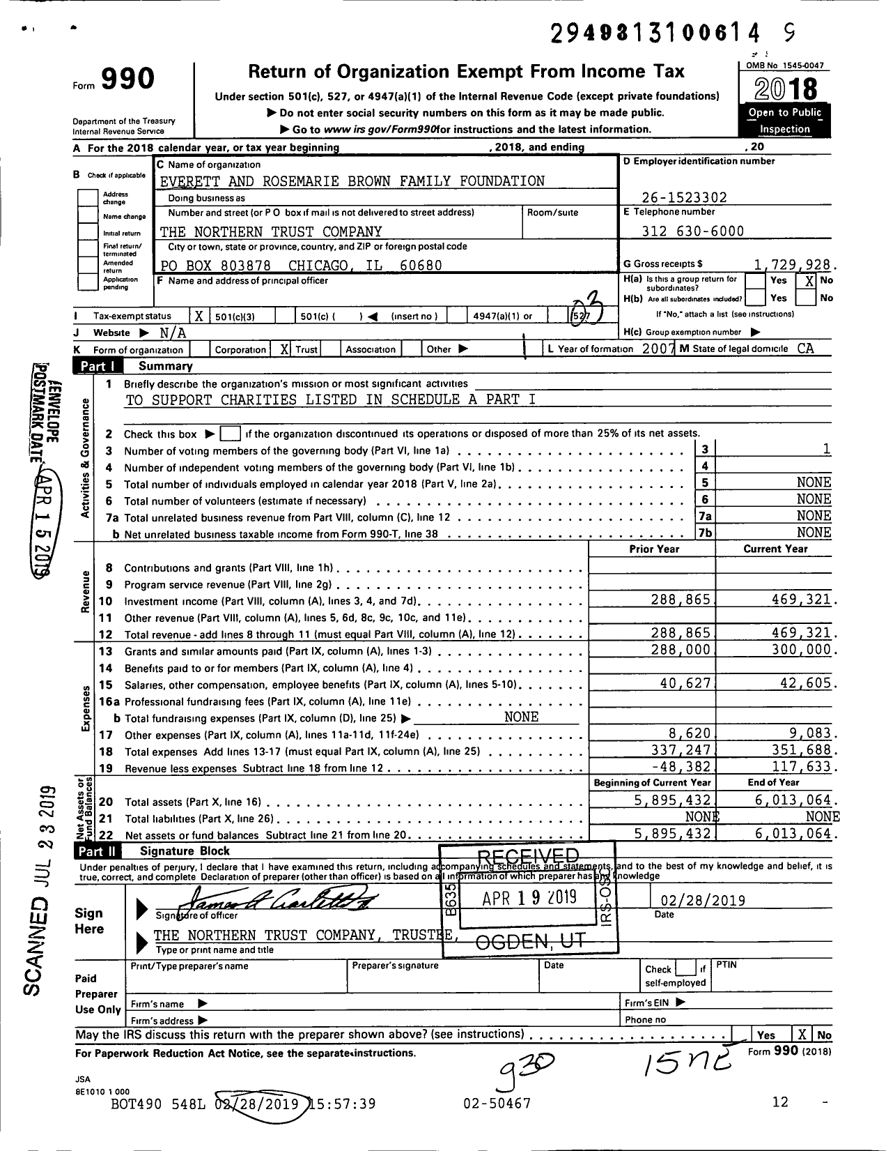 Image of first page of 2018 Form 990 for Everett and Rosemarie Brown Family Foundation