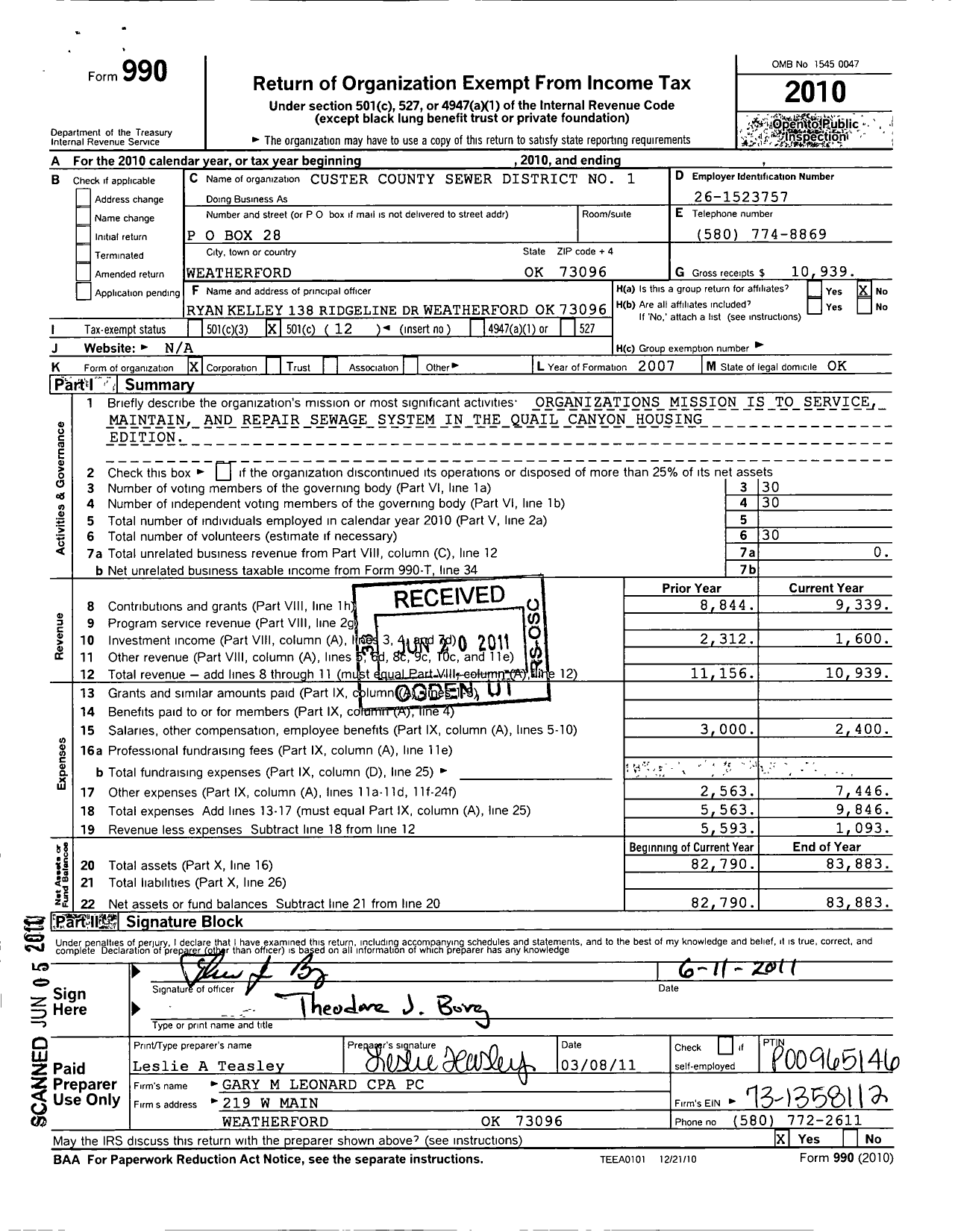 Image of first page of 2010 Form 990O for Custer County Sewer District No 1