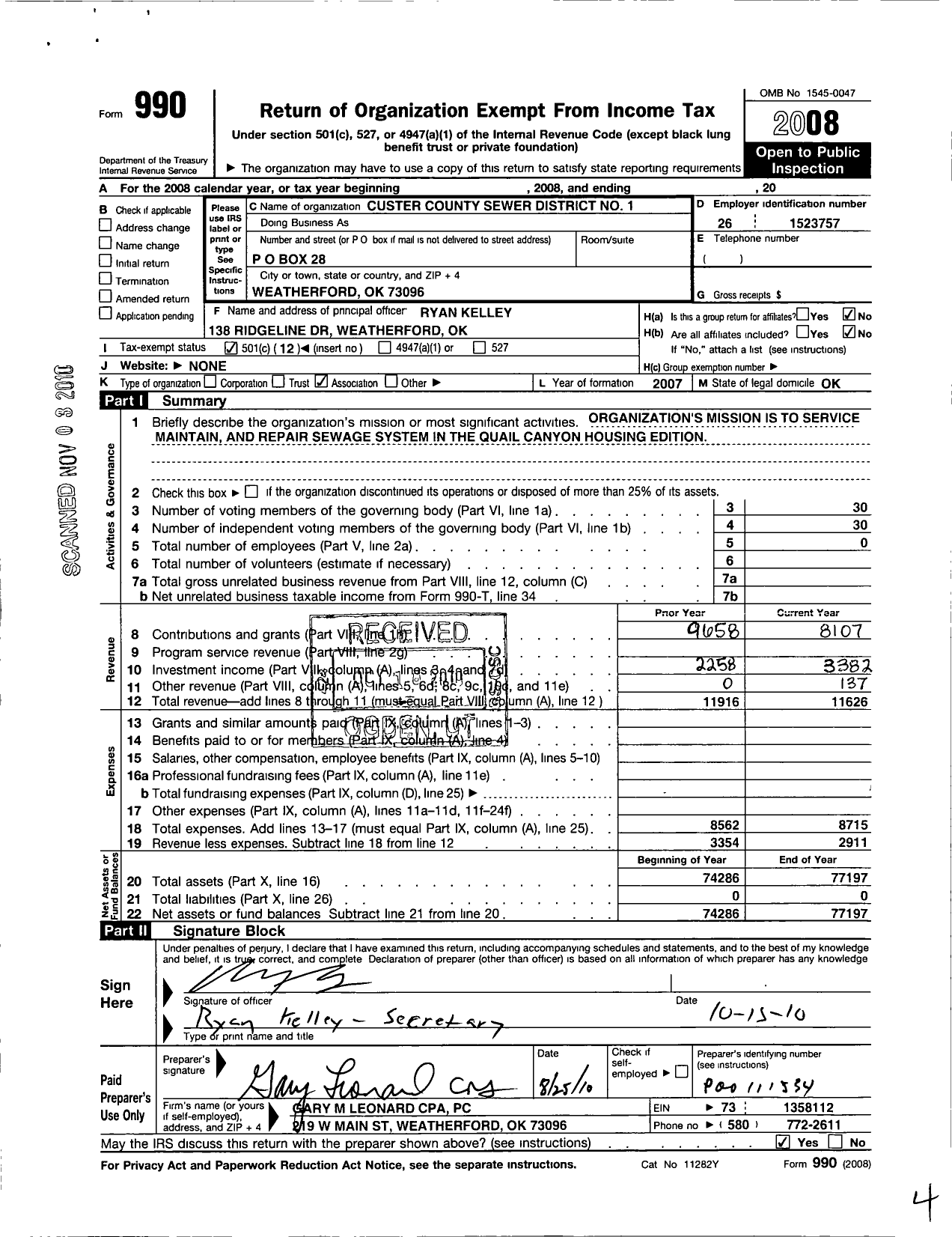 Image of first page of 2008 Form 990O for Custer County Sewer District No 1