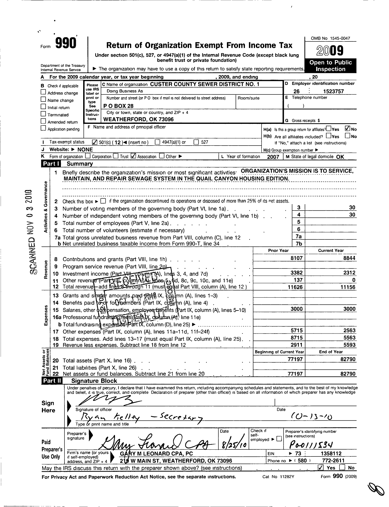 Image of first page of 2009 Form 990O for Custer County Sewer District No 1