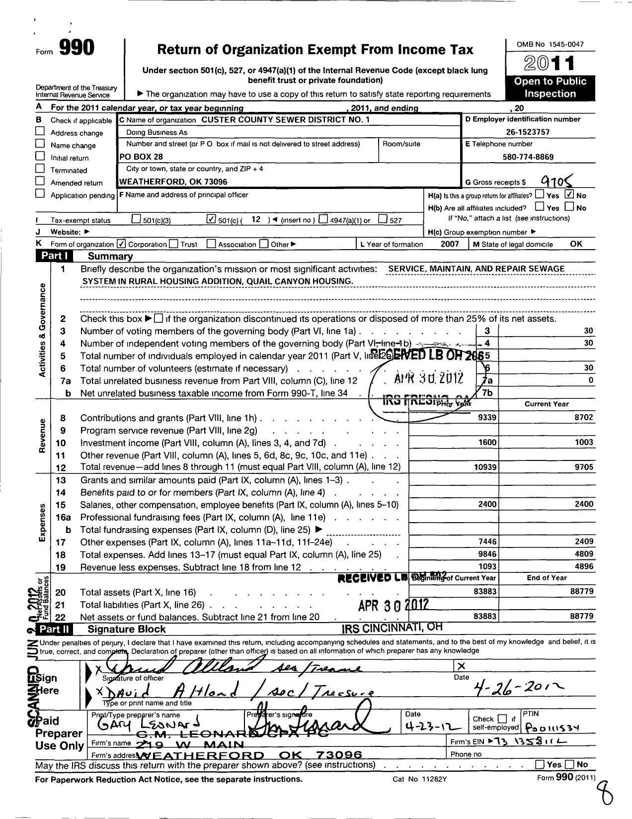 Image of first page of 2011 Form 990O for Custer County Sewer District No 1