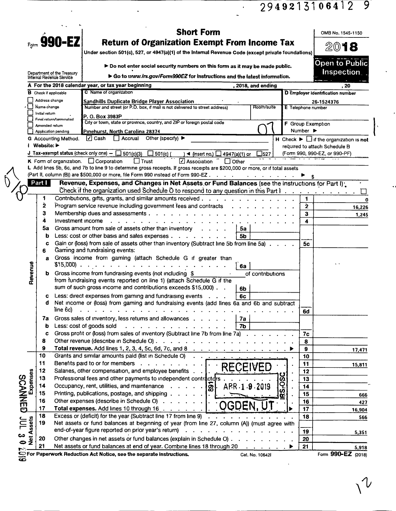 Image of first page of 2018 Form 990EO for Sandhills Duplicate Bridge Players Association