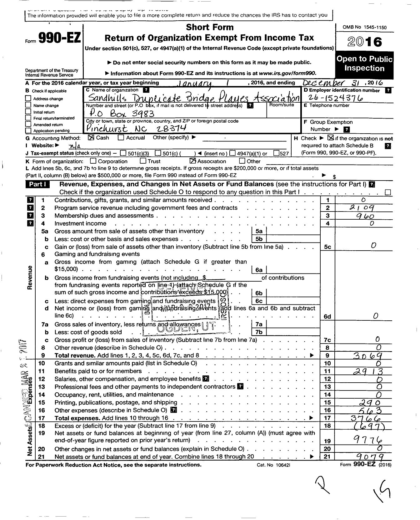 Image of first page of 2016 Form 990EO for Sandhills Duplicate Bridge Players Association